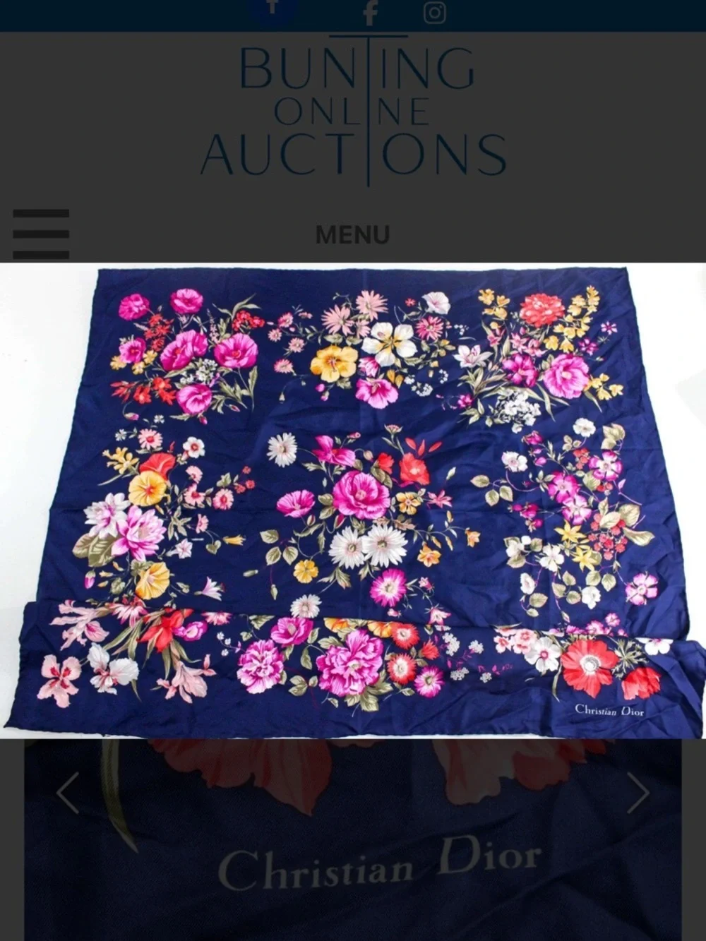 Dior Navy Silk Scarf with Red and Cream Floral Print with COA Simply Elegant